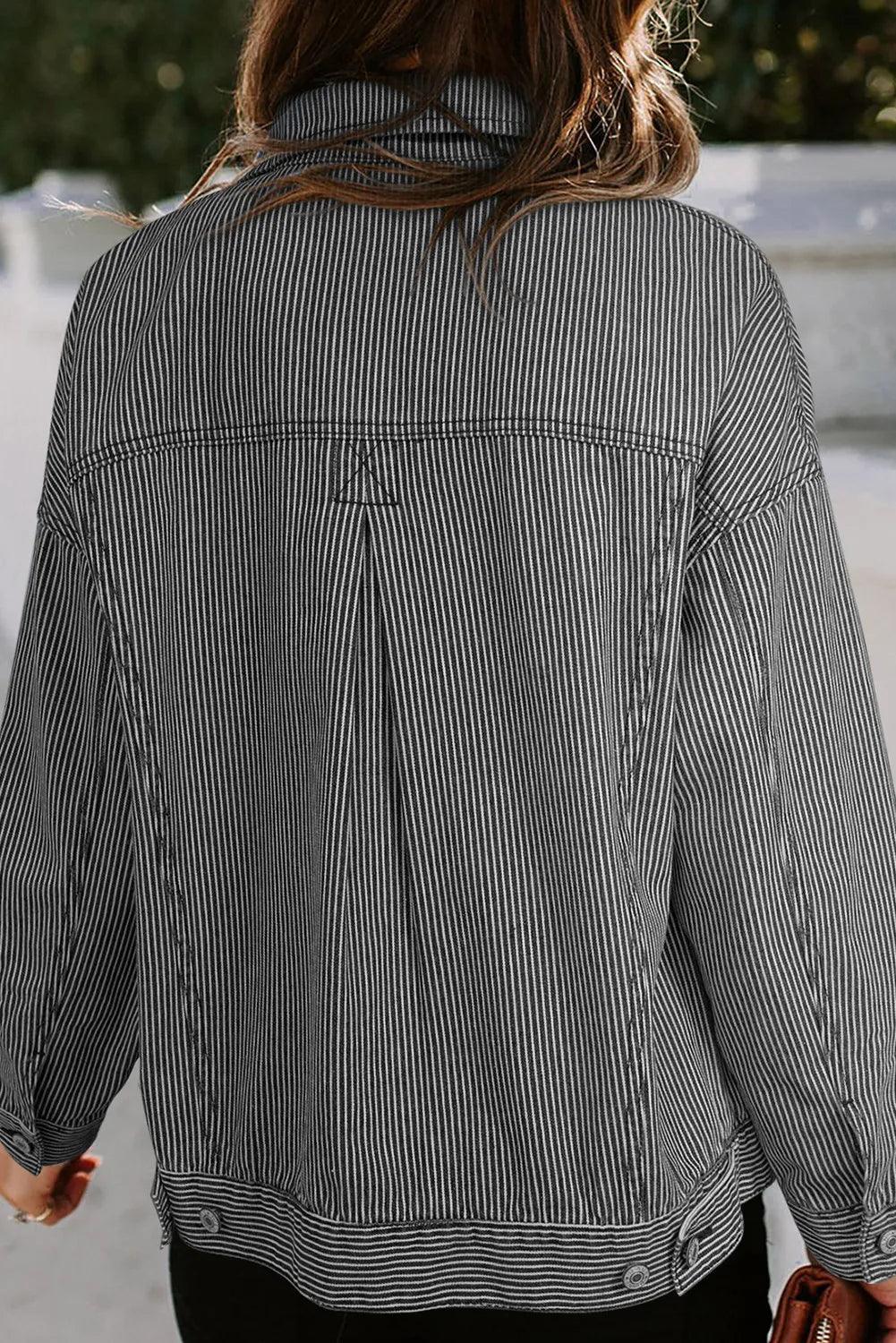 Striped Button Up Long Sleeve Denim Jacket - Clothes For Her Online Store