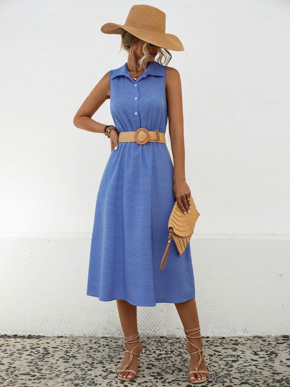 Striped Collared Neck Sleeveless Midi Dress