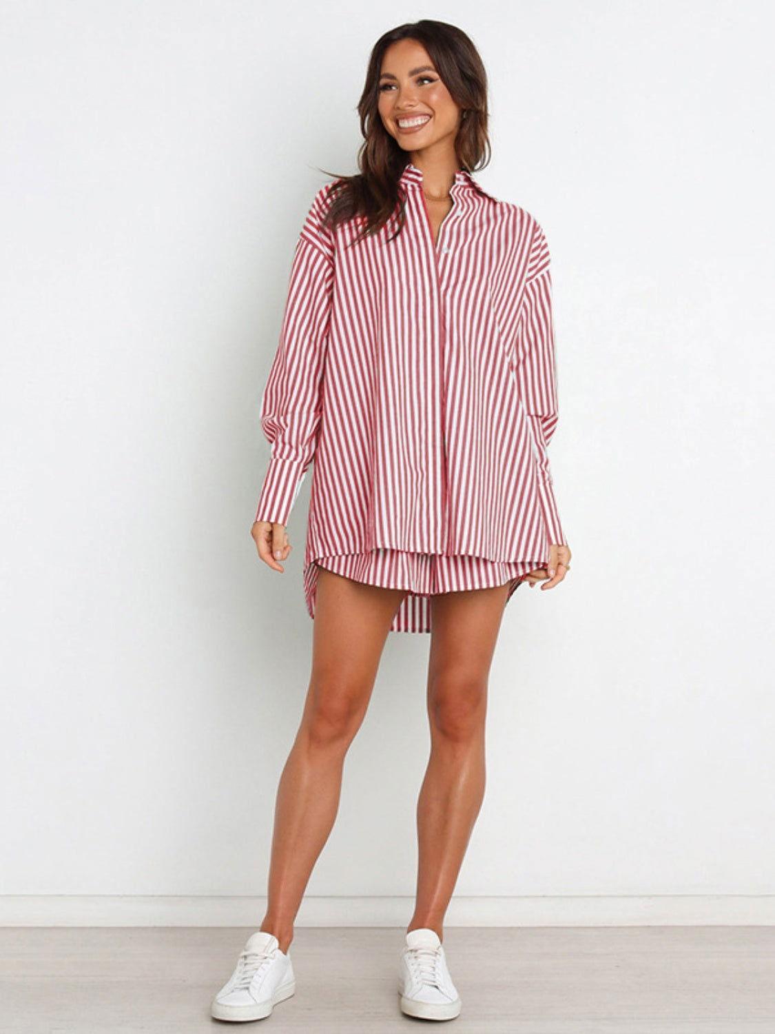 Striped Dropped Shoulder Shirt and Shorts Set - Clothes For Her Online Store