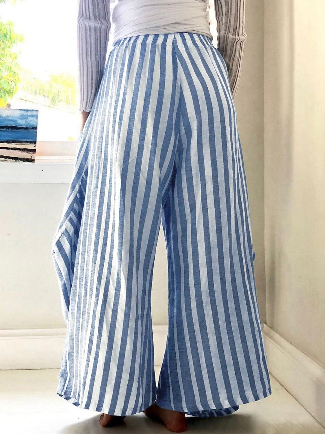 Striped Elastic Waist Wide Leg Pants - Clothes For Her Online Store