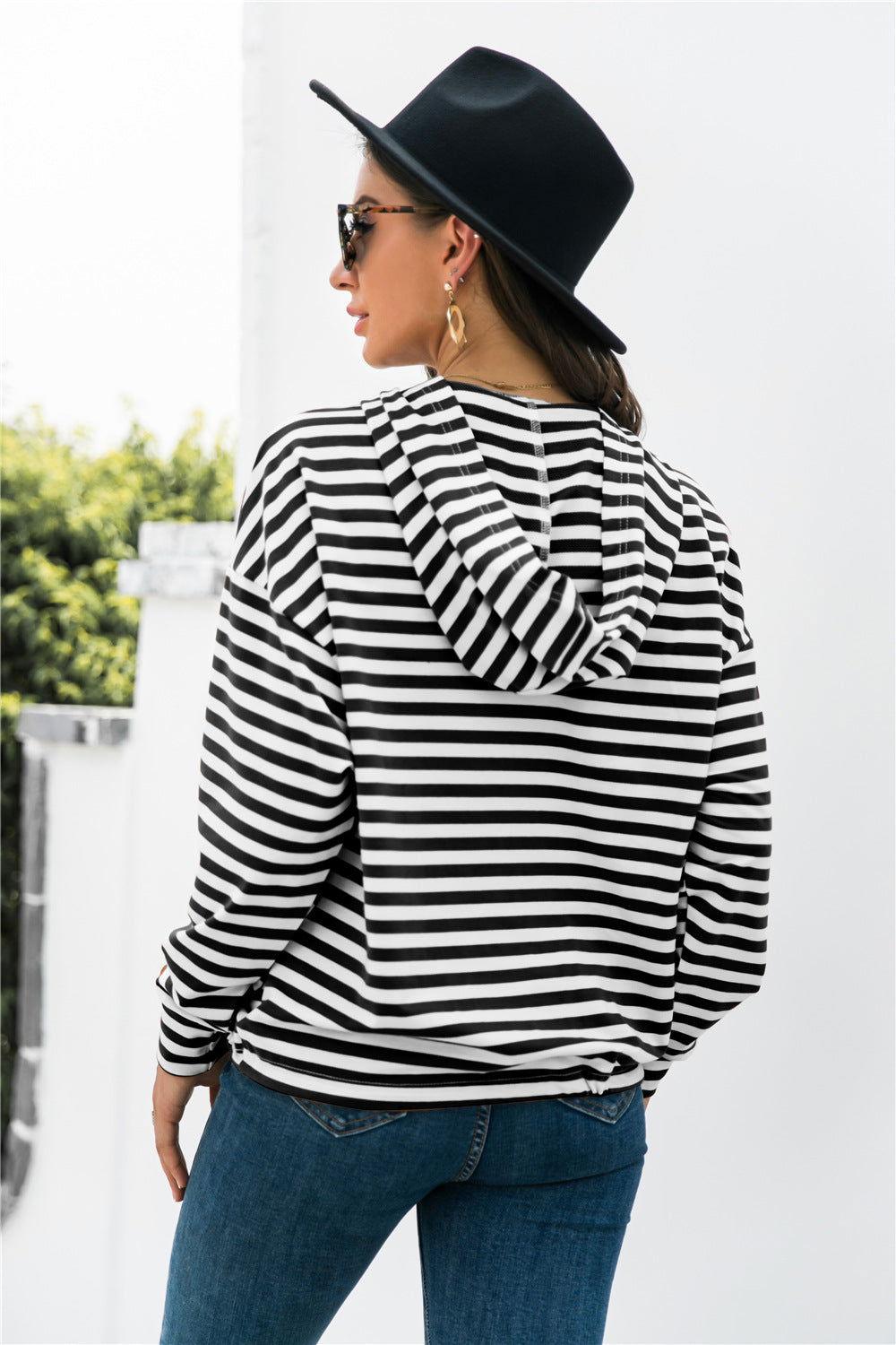 Striped Half-Button Dropped Shoulder Hoodie - Clothes For Her Online Store