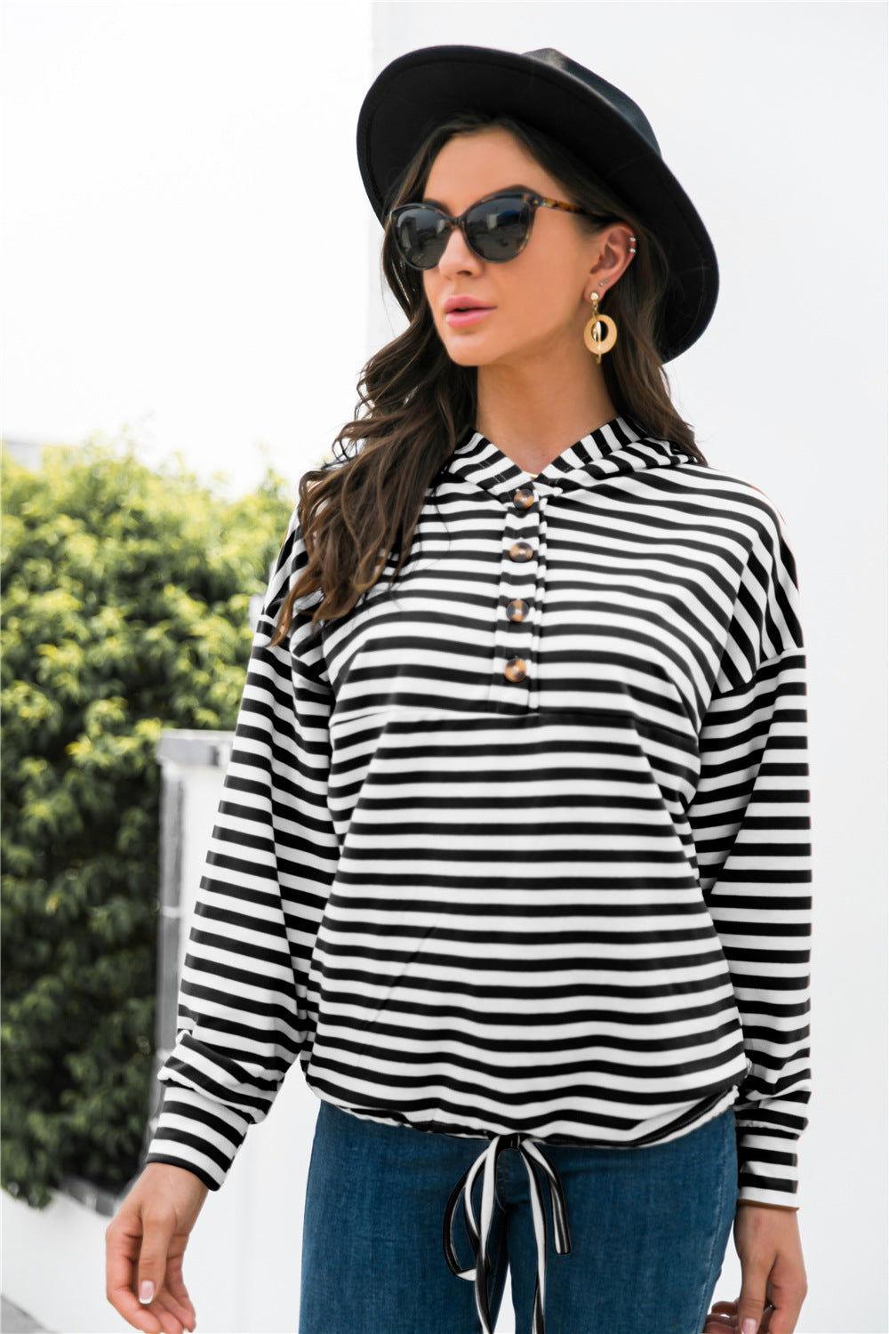 Striped Half-Button Dropped Shoulder Hoodie - Clothes For Her Online Store