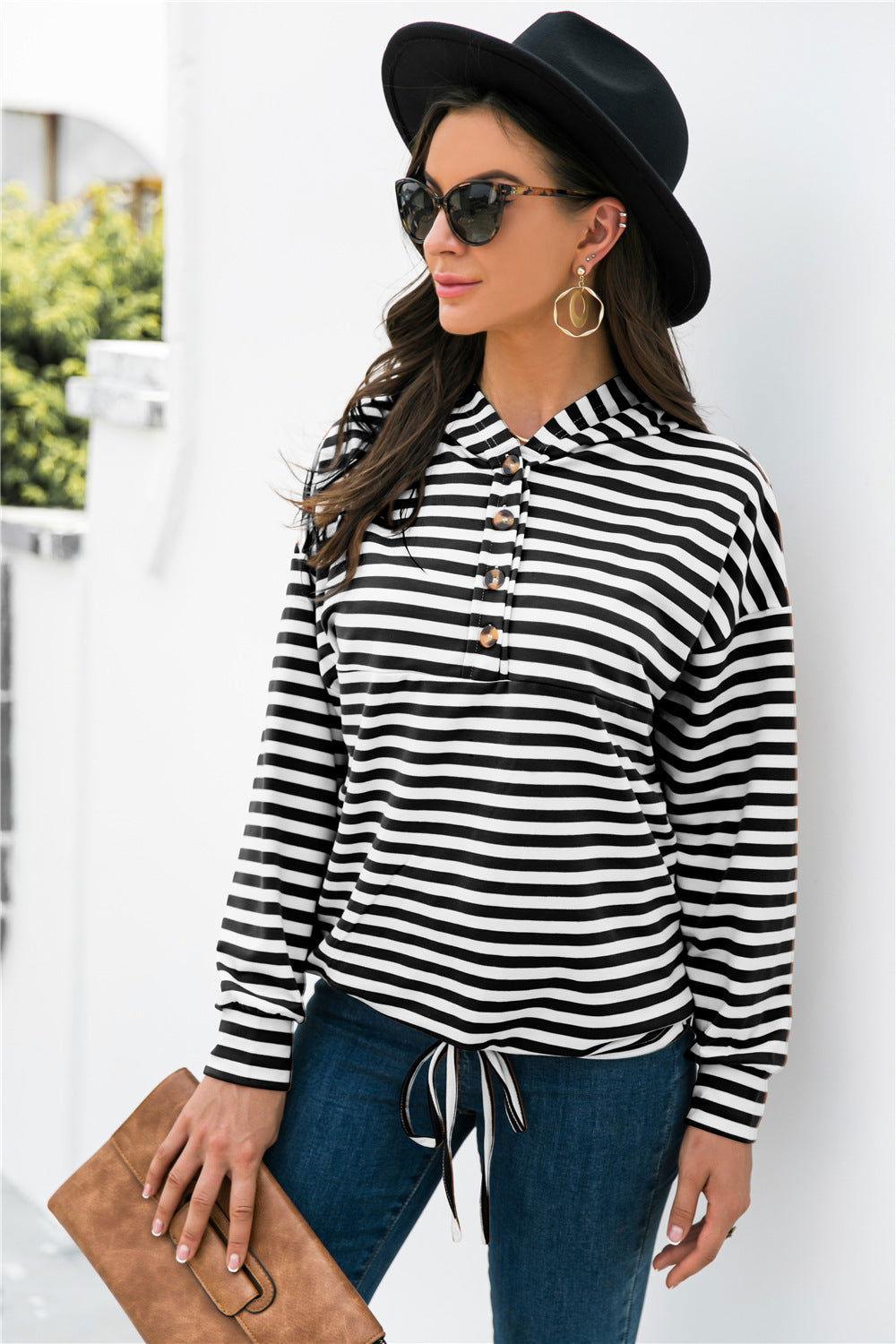Striped Half-Button Dropped Shoulder Hoodie - Clothes For Her Online Store