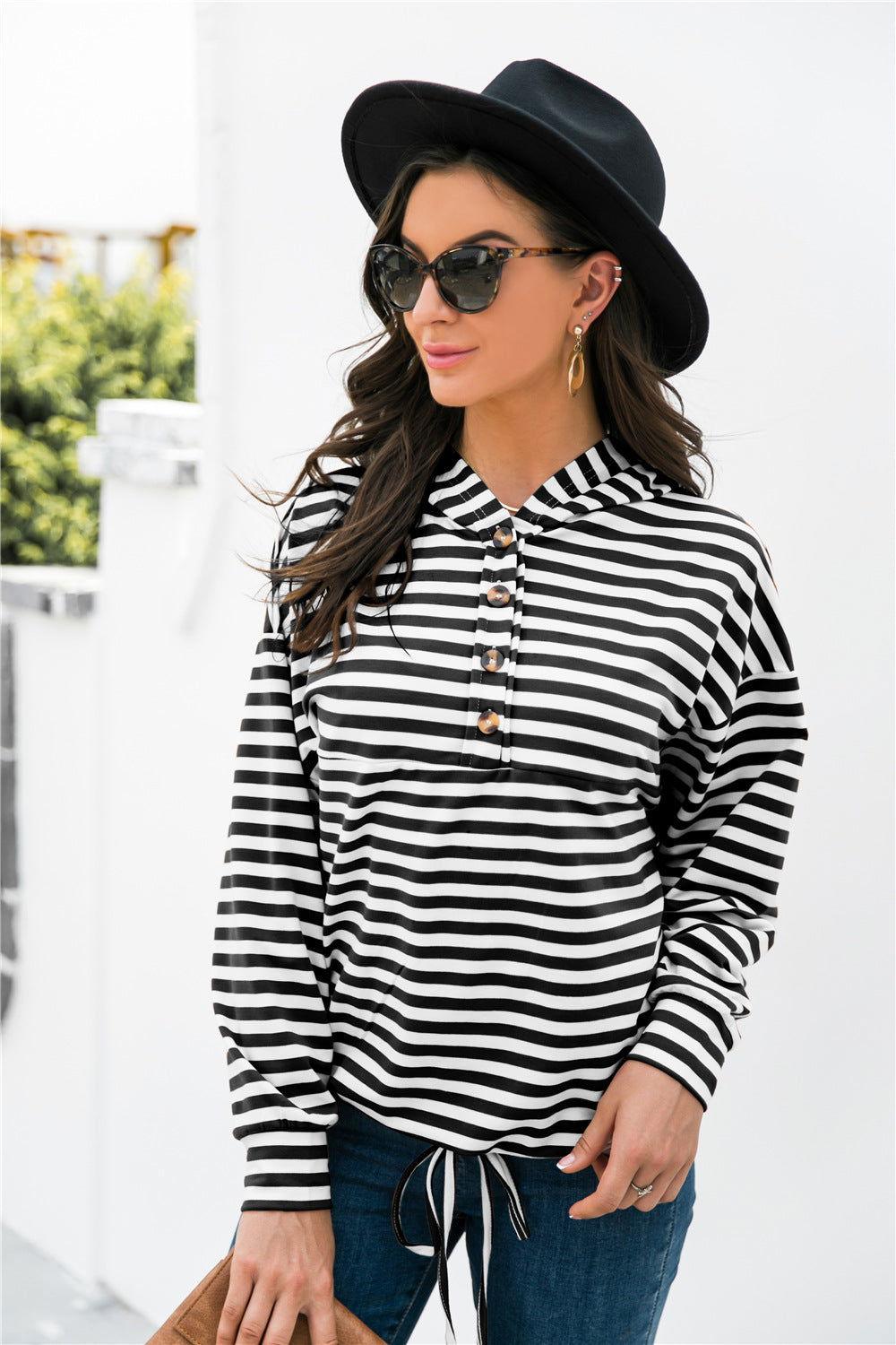 Striped Half-Button Dropped Shoulder Hoodie - Clothes For Her Online Store