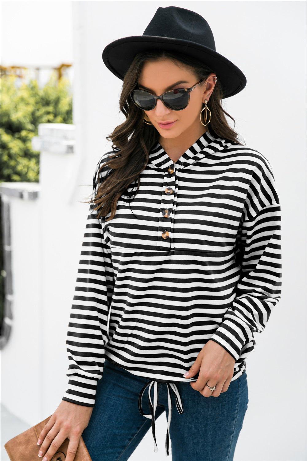 Striped Half-Button Dropped Shoulder Hoodie - Clothes For Her Online Store