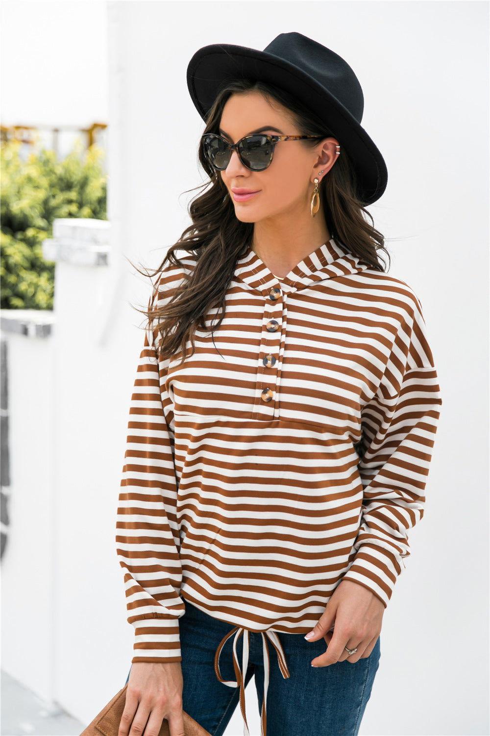 Striped Half-Button Dropped Shoulder Hoodie - Clothes For Her Online Store