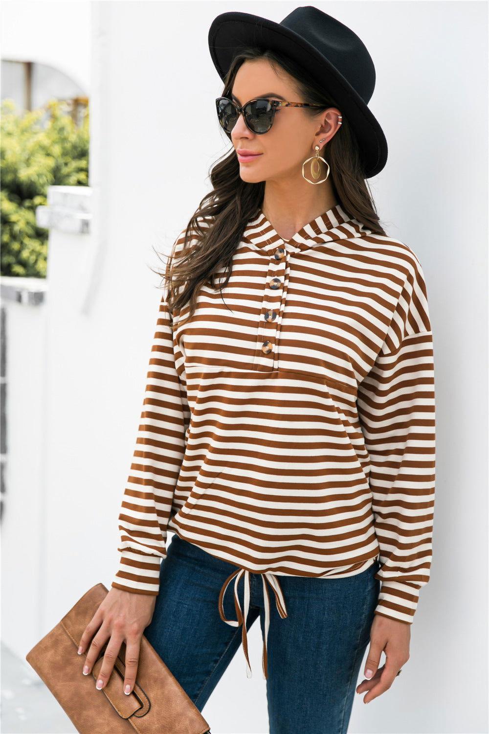 Striped Half-Button Dropped Shoulder Hoodie - Clothes For Her Online Store