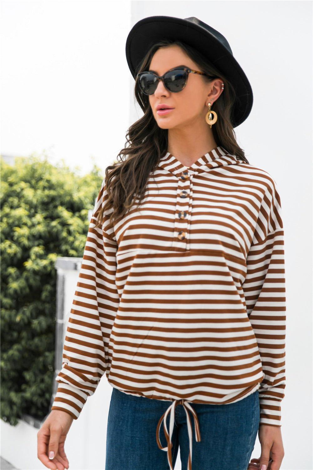 Striped Half-Button Dropped Shoulder Hoodie - Clothes For Her Online Store