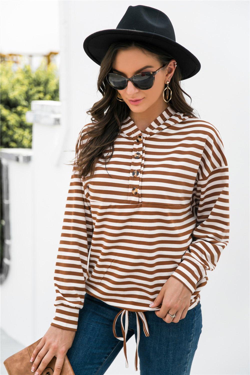 Striped Half-Button Dropped Shoulder Hoodie - Clothes For Her Online Store