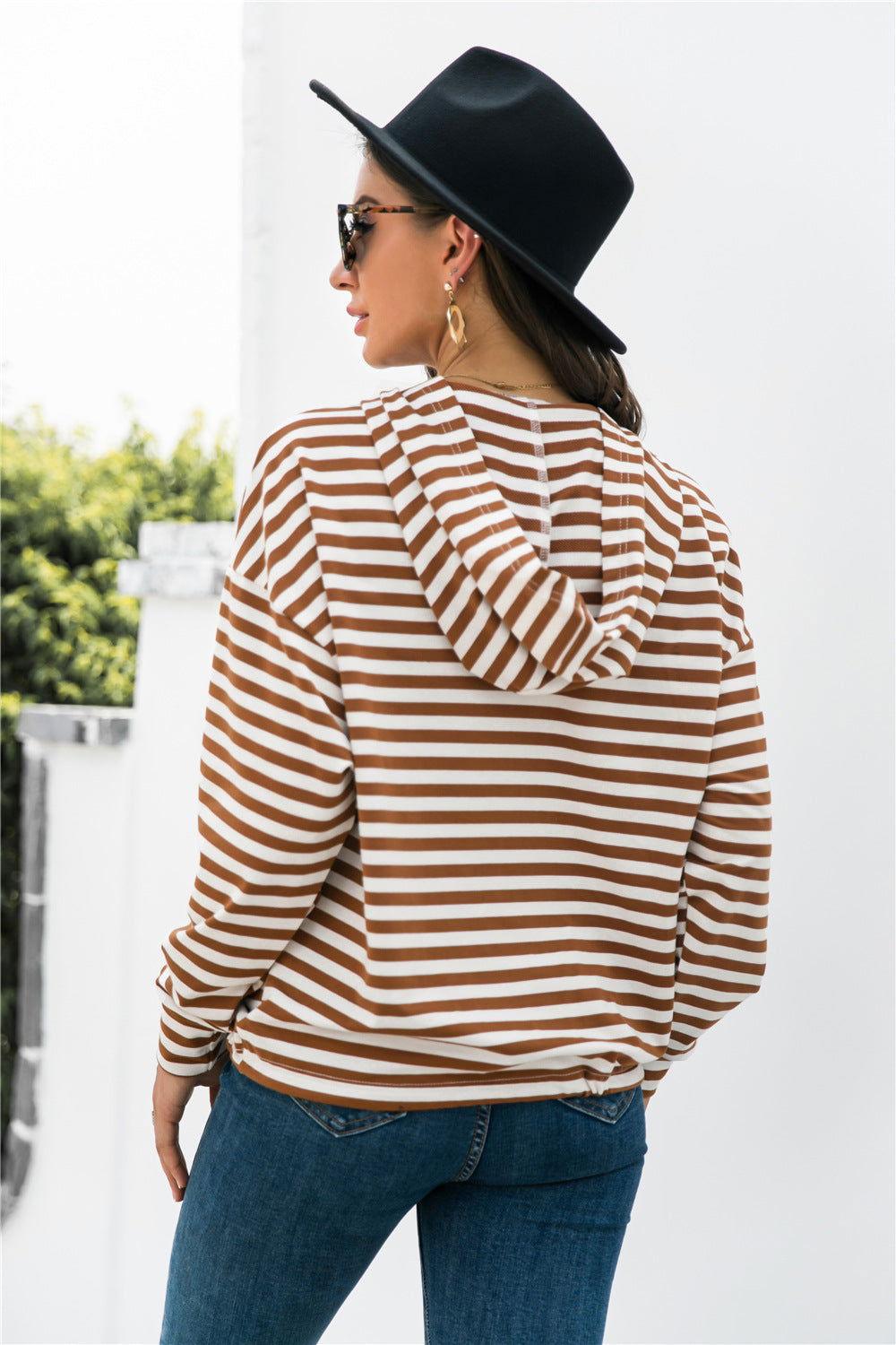 Striped Half-Button Dropped Shoulder Hoodie - Clothes For Her Online Store