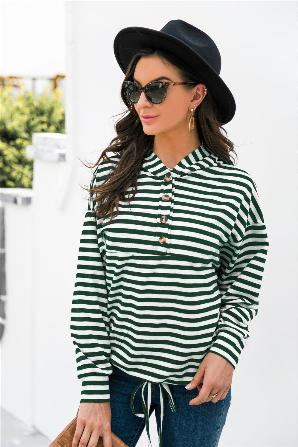 Striped Half-Button Dropped Shoulder Hoodie - Clothes For Her Online Store