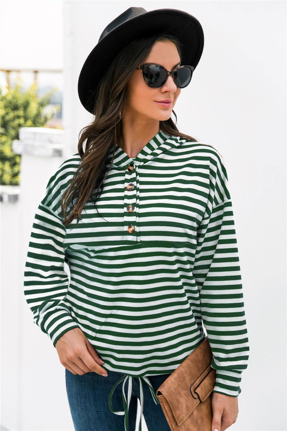Striped Half-Button Dropped Shoulder Hoodie - Clothes For Her Online Store