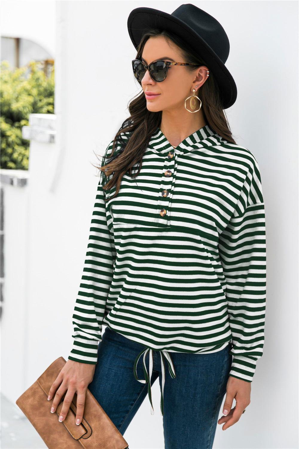 Striped Half-Button Dropped Shoulder Hoodie - Clothes For Her Online Store