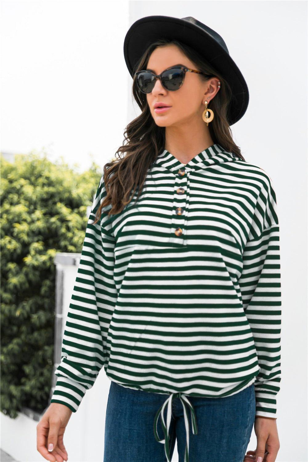 Striped Half-Button Dropped Shoulder Hoodie - Clothes For Her Online Store