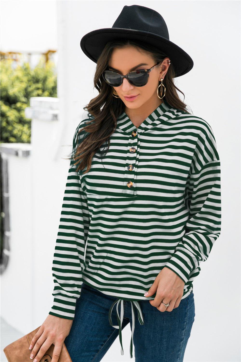 Striped Half-Button Dropped Shoulder Hoodie - Clothes For Her Online Store
