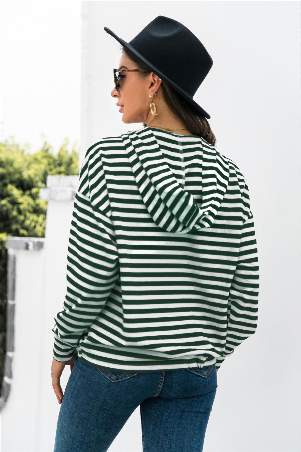 Striped Half-Button Dropped Shoulder Hoodie - Clothes For Her Online Store