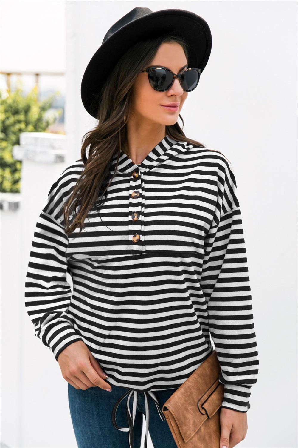 Striped Half-Button Dropped Shoulder Hoodie - Clothes For Her Online Store