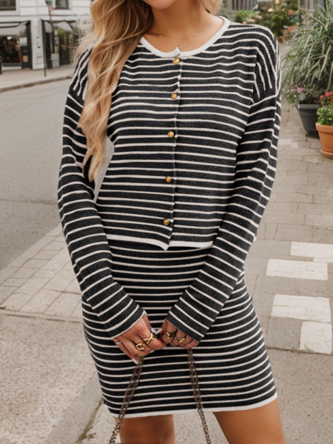 Striped Long Sleeve Top and Skirt Set - Clothes For Her Online Store