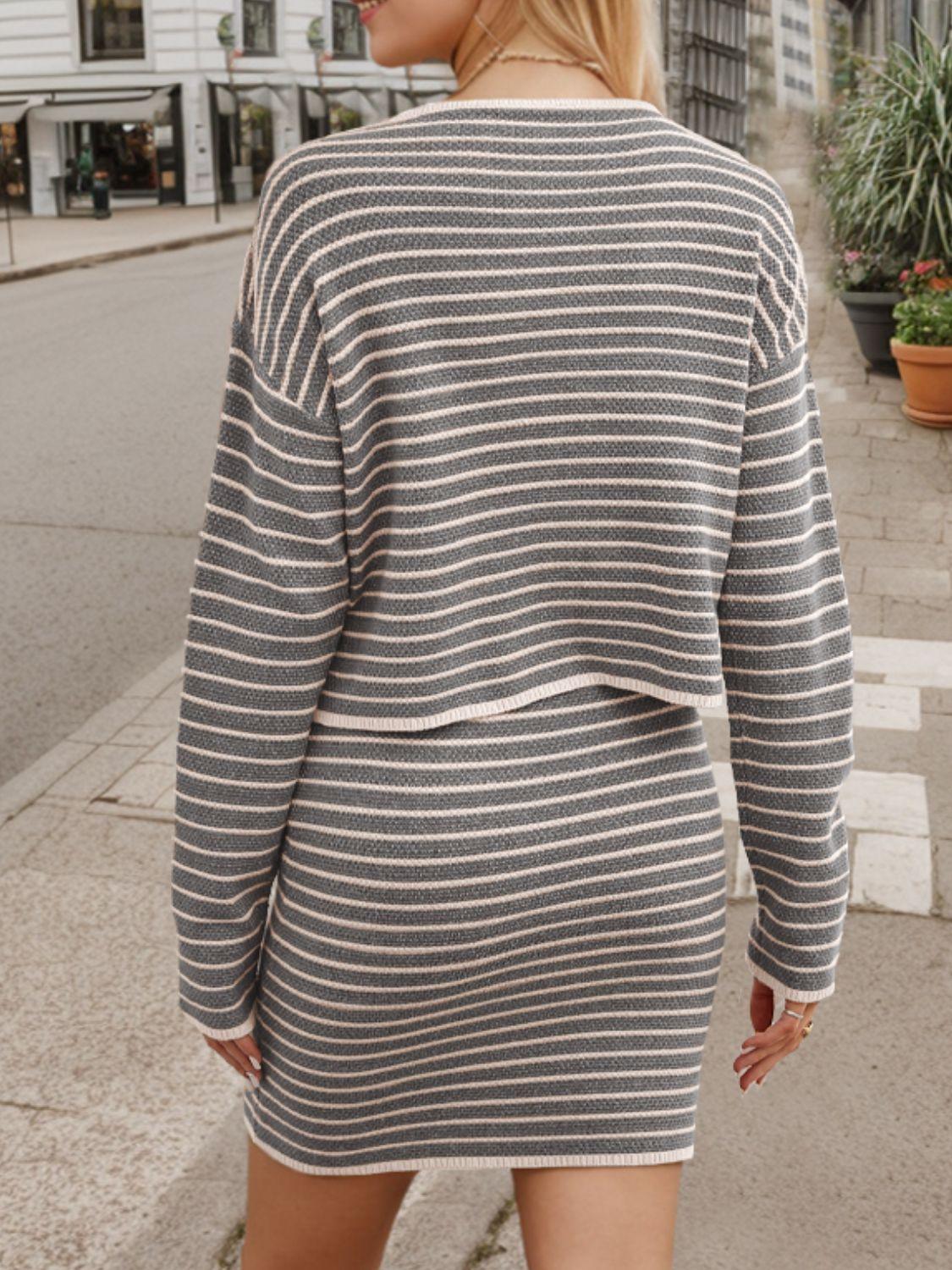 Striped Long Sleeve Top and Skirt Set - Clothes For Her Online Store
