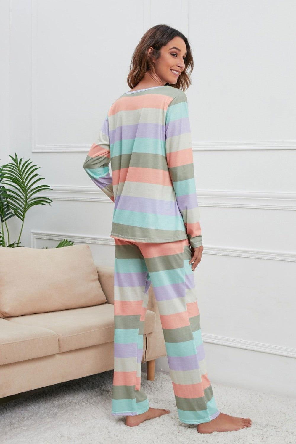 Striped Round Neck Long Sleeve Top and Drawstring Pants Lounge Set - Clothes For Her Online Store