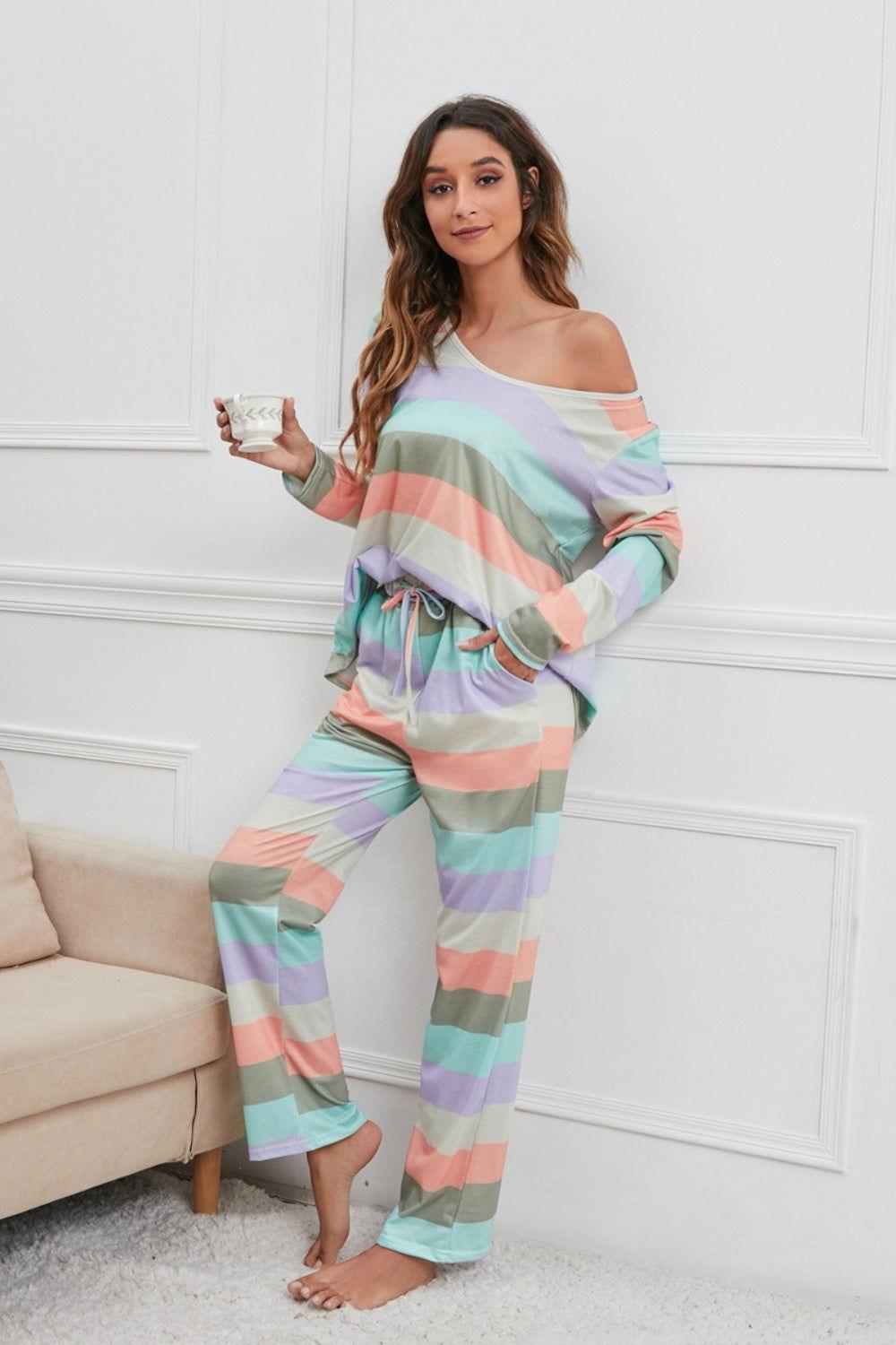 Striped Round Neck Long Sleeve Top and Drawstring Pants Lounge Set - Clothes For Her Online Store
