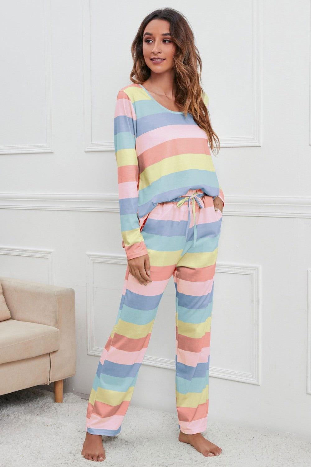 Striped Round Neck Long Sleeve Top and Drawstring Pants Lounge Set - Clothes For Her Online Store