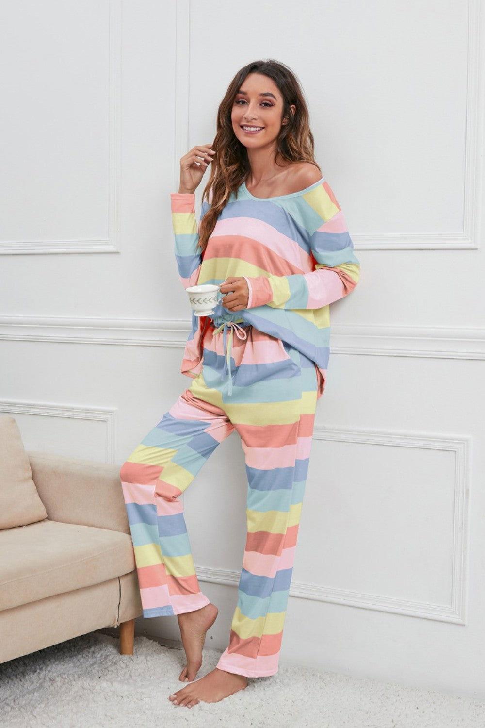 Striped Round Neck Long Sleeve Top and Drawstring Pants Lounge Set - Clothes For Her Online Store