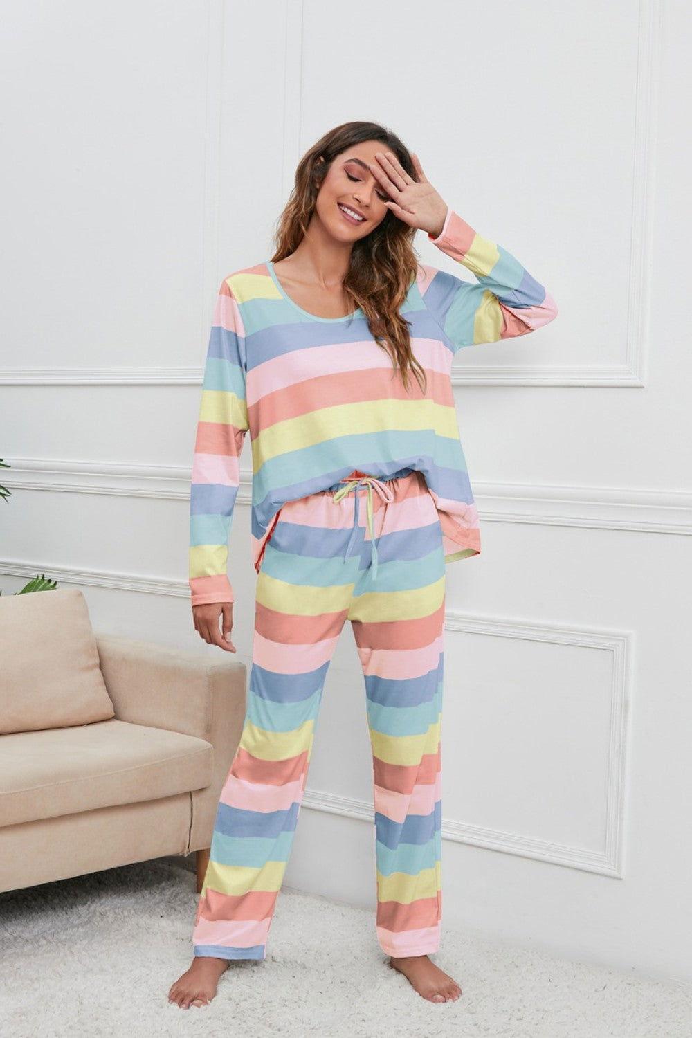 Striped Round Neck Long Sleeve Top and Drawstring Pants Lounge Set - Clothes For Her Online Store