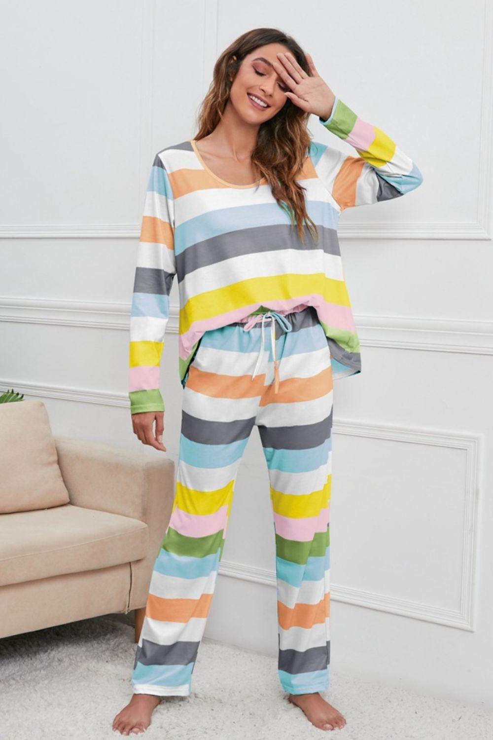 Striped Round Neck Long Sleeve Top and Drawstring Pants Lounge Set - Clothes For Her Online Store