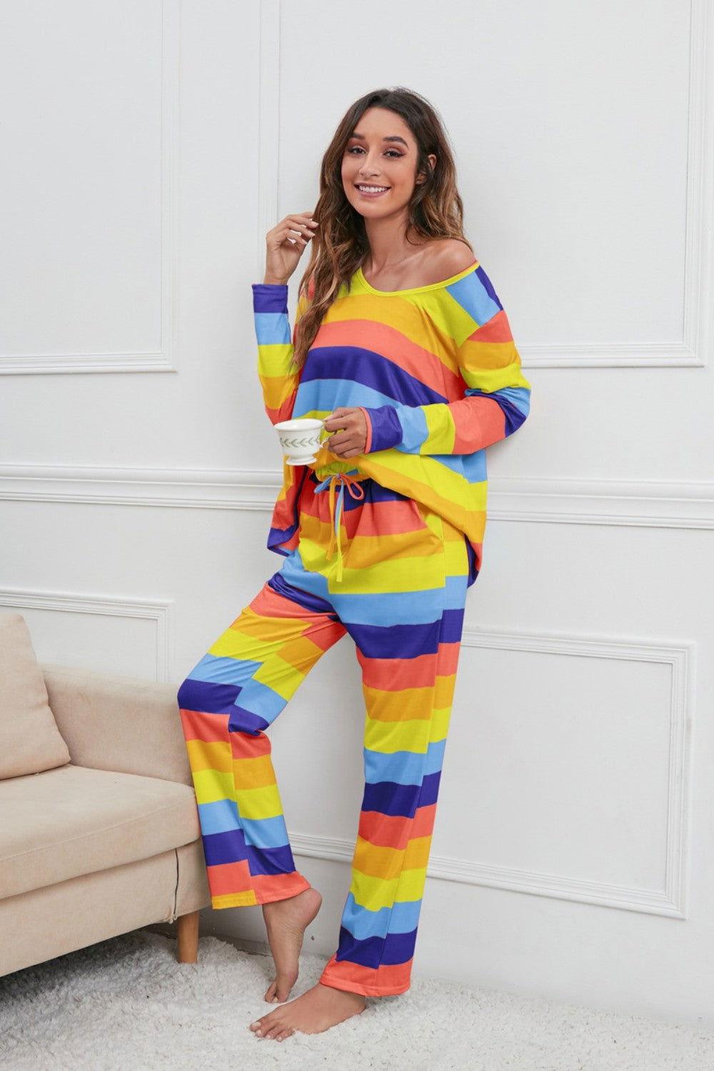 Striped Round Neck Long Sleeve Top and Drawstring Pants Lounge Set - Clothes For Her Online Store