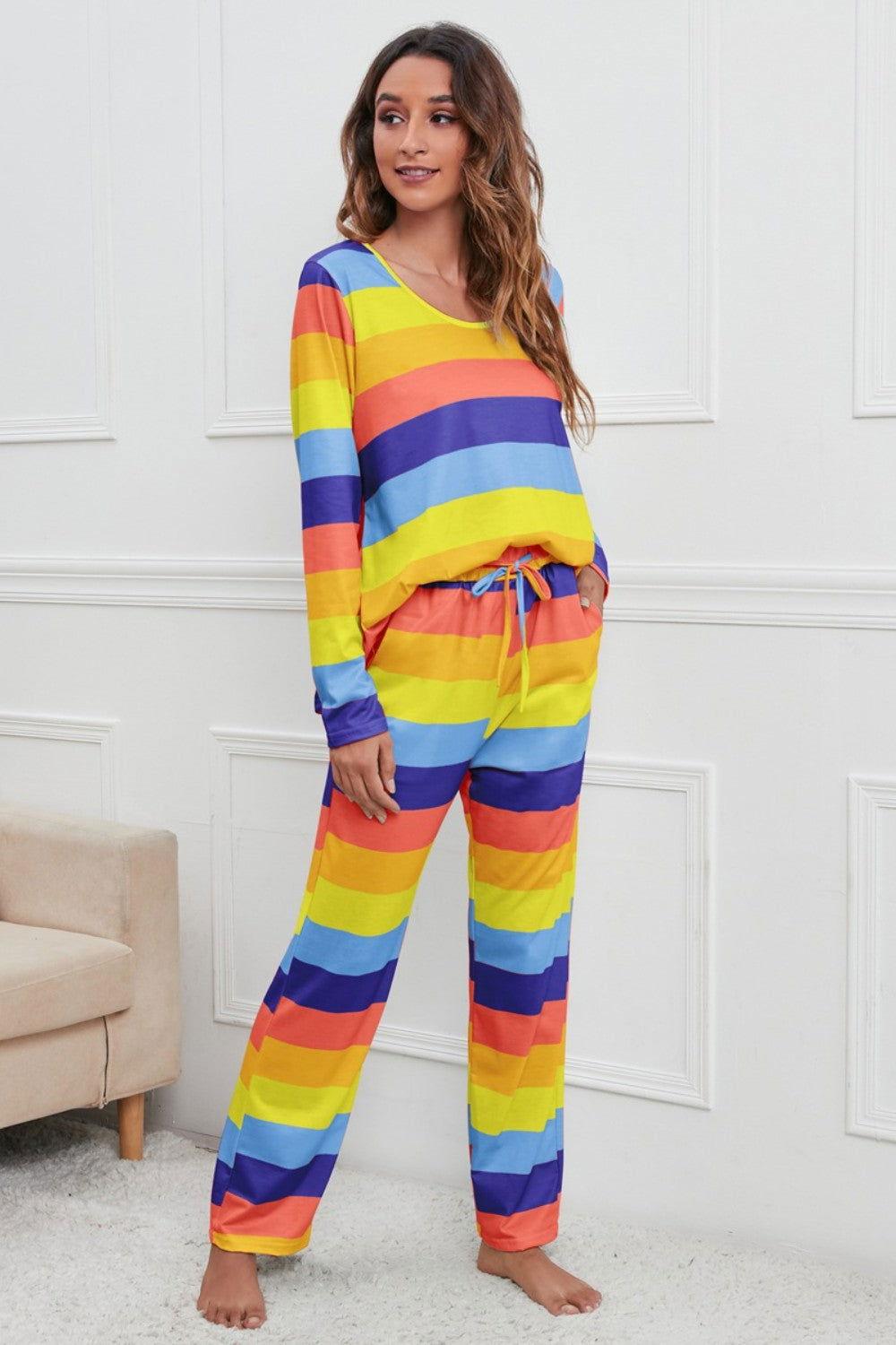 Striped Round Neck Long Sleeve Top and Drawstring Pants Lounge Set - Clothes For Her Online Store