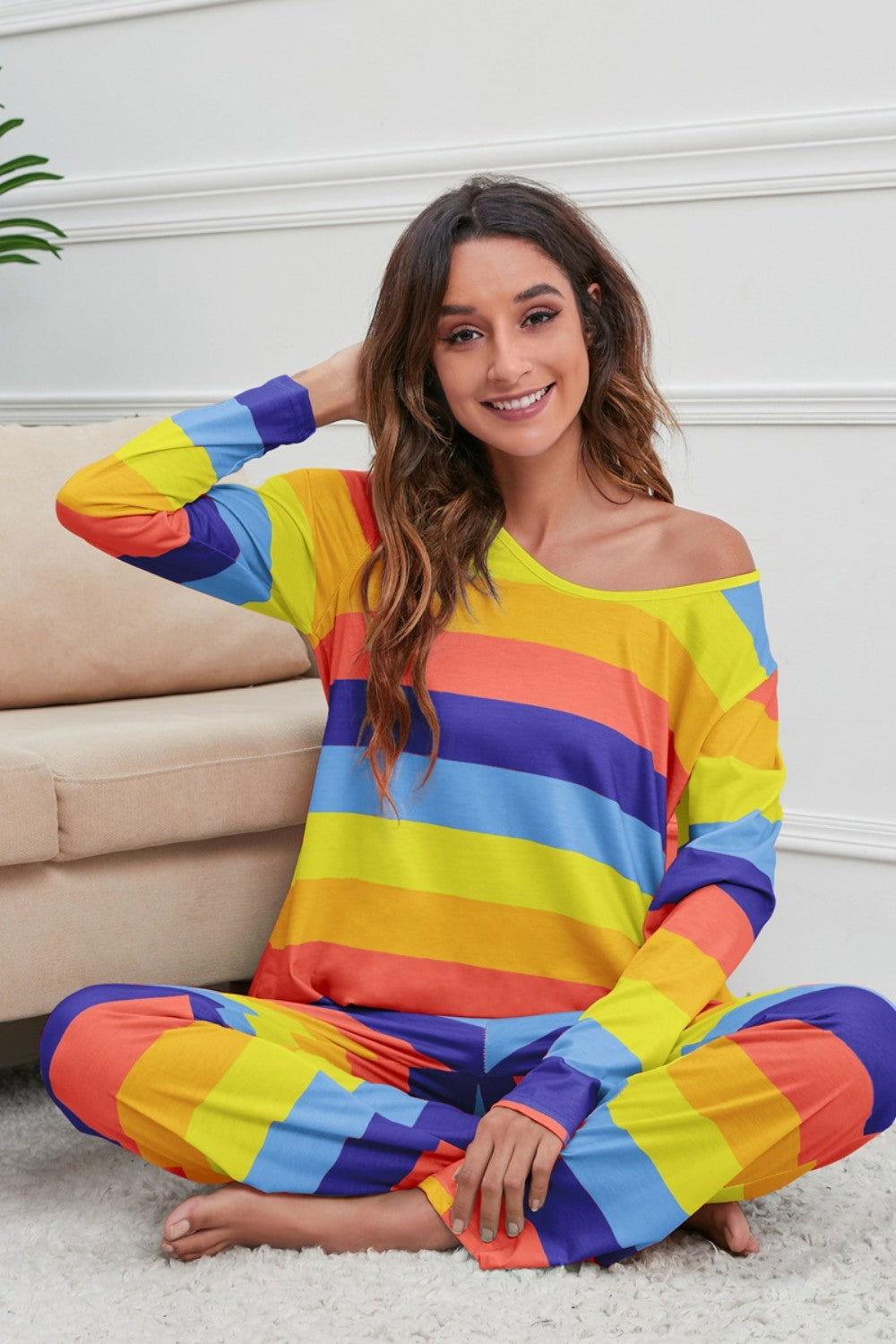 Striped Round Neck Long Sleeve Top and Drawstring Pants Lounge Set - Clothes For Her Online Store
