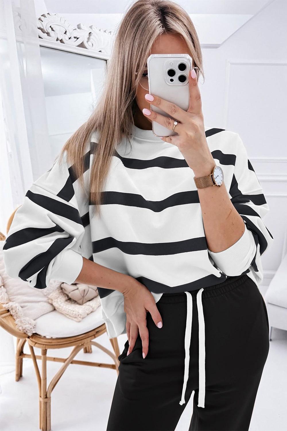 Striped Round Neck Long Sleeve Top and Pants Set - Clothes For Her Online Store