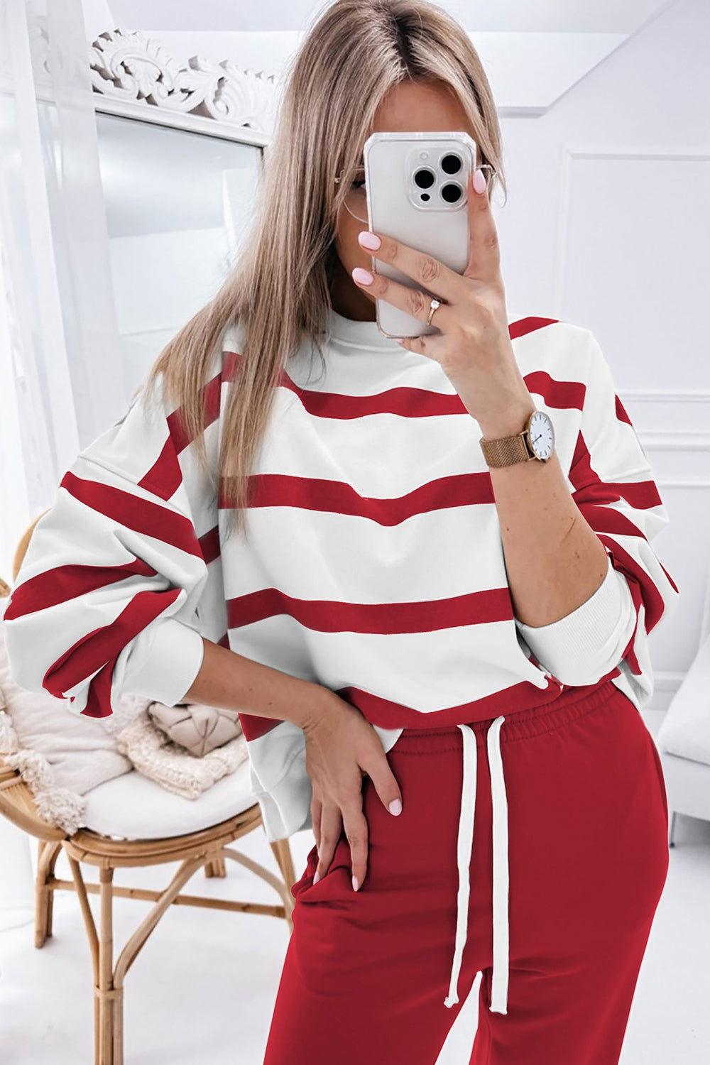 Striped Round Neck Long Sleeve Top and Pants Set - Clothes For Her Online Store