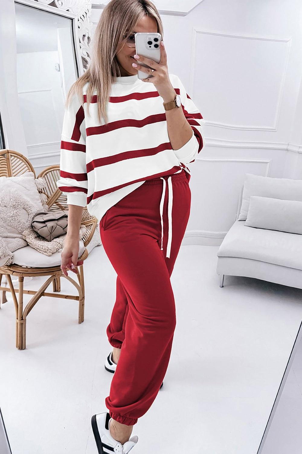 Striped Round Neck Long Sleeve Top and Pants Set - Clothes For Her Online Store