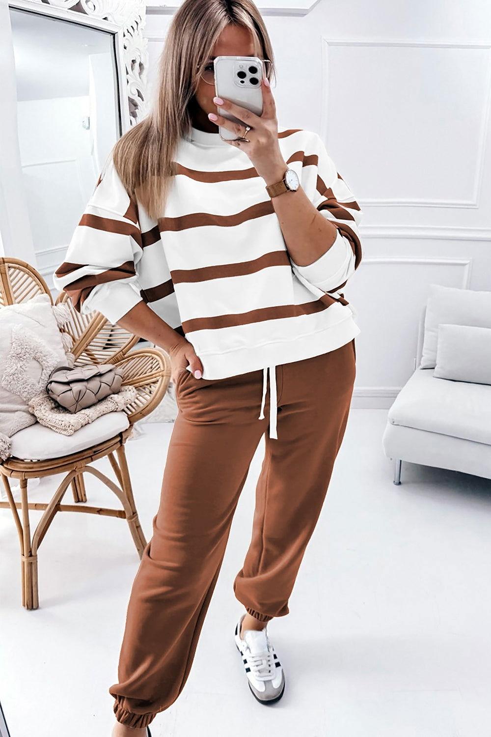 Striped Round Neck Long Sleeve Top and Pants Set - Clothes For Her Online Store