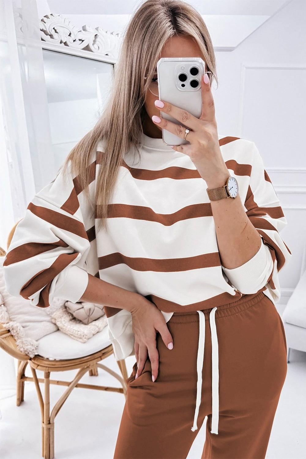 Striped Round Neck Long Sleeve Top and Pants Set - Clothes For Her Online Store