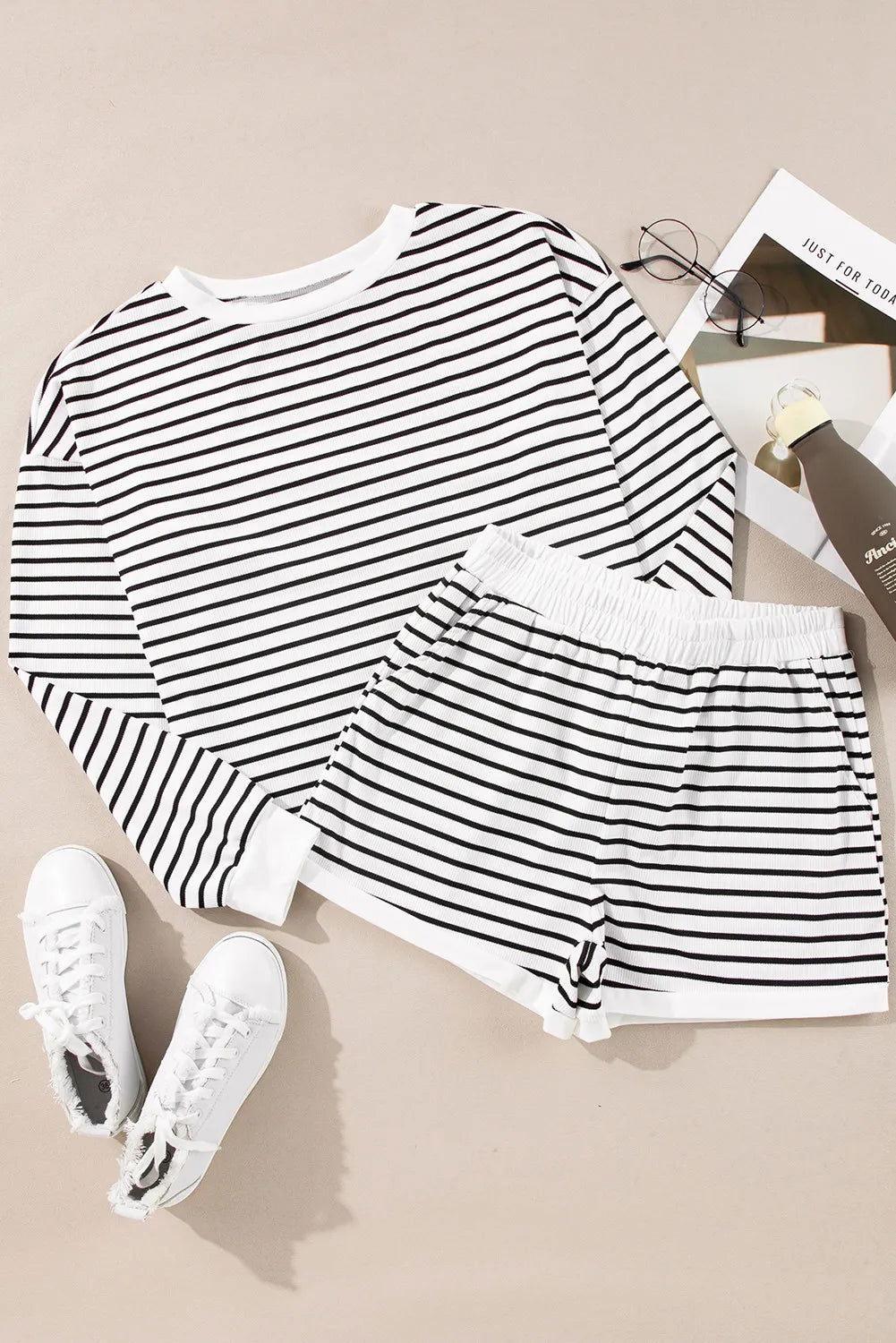 Striped Round Neck Long Sleeve Top and Shorts Set - Clothes For Her Online Store