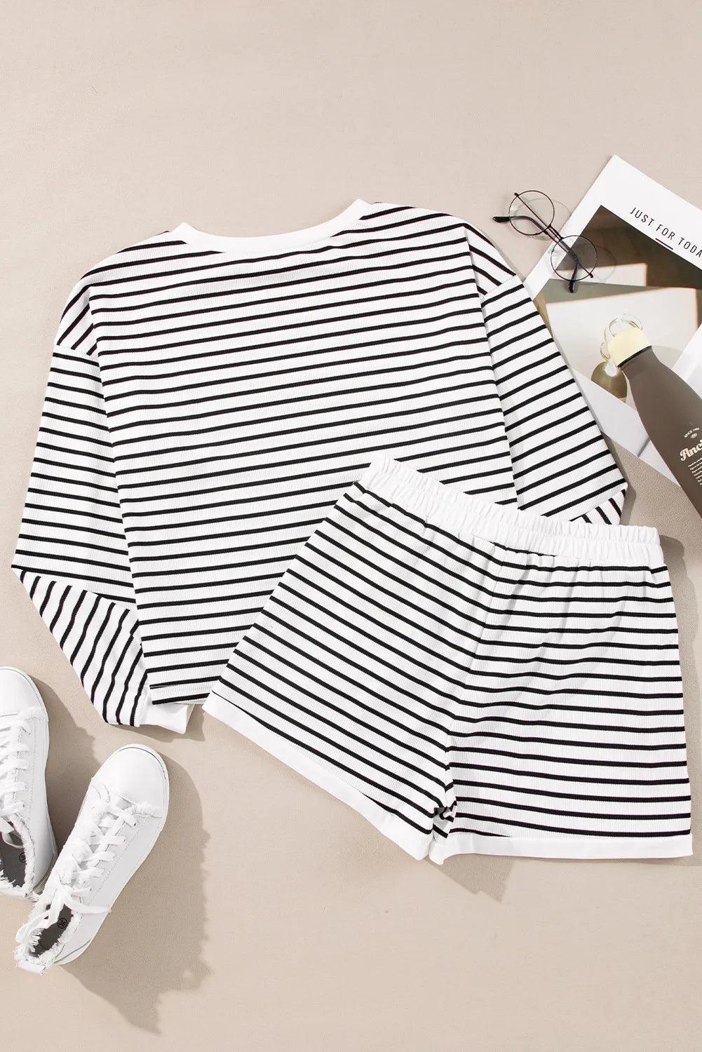 Striped Round Neck Long Sleeve Top and Shorts Set - Clothes For Her Online Store