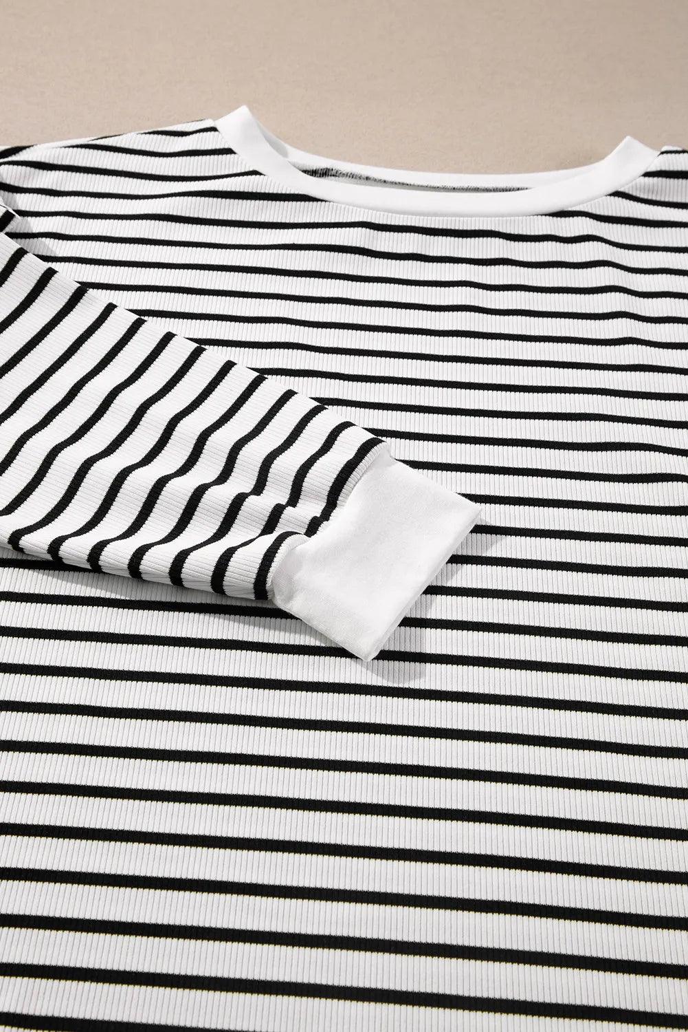 Striped Round Neck Long Sleeve Top and Shorts Set - Clothes For Her Online Store