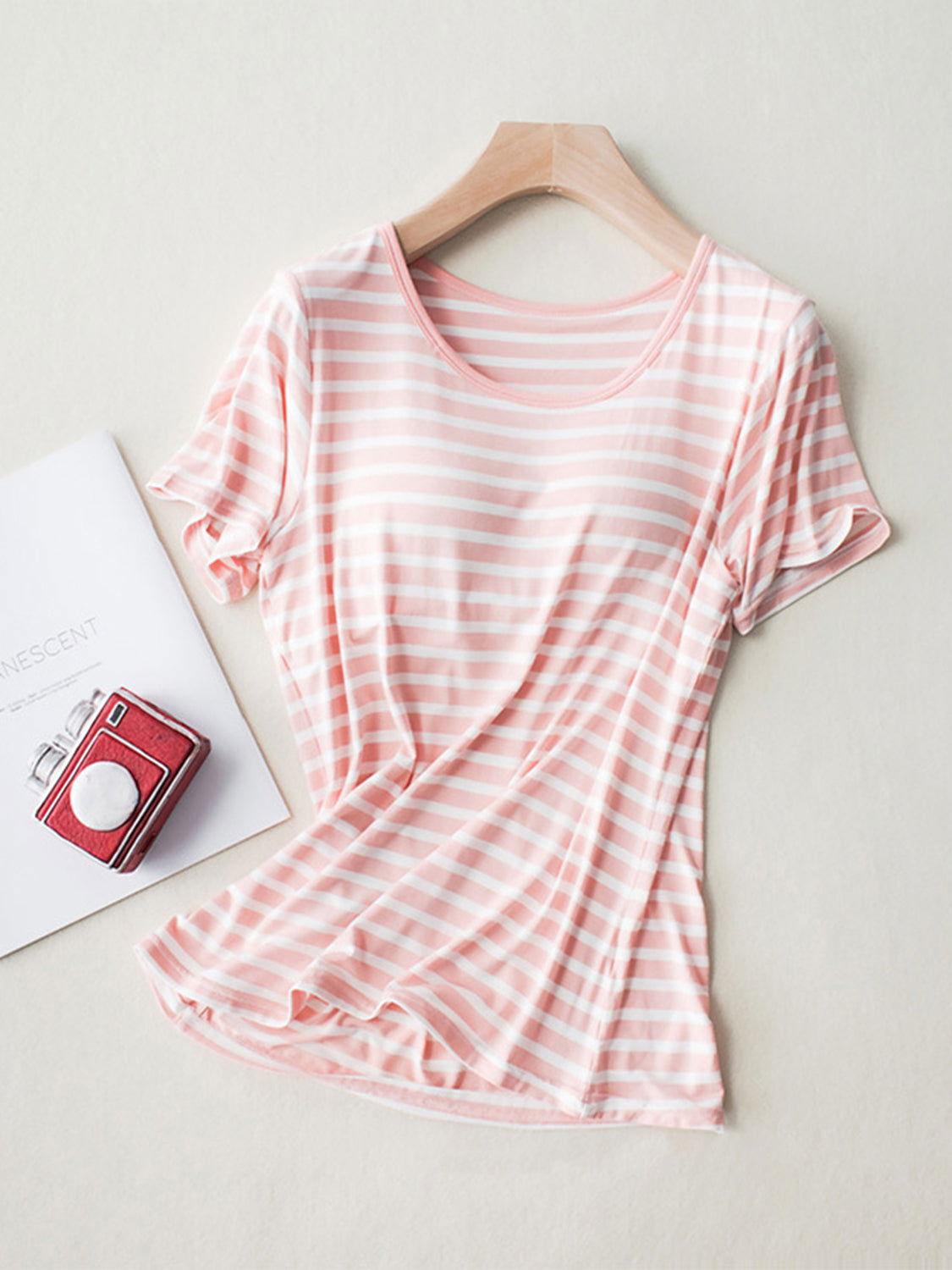 Striped Round Neck Short Sleeve T-Shirt with Bra - Clothes For Her Online Store