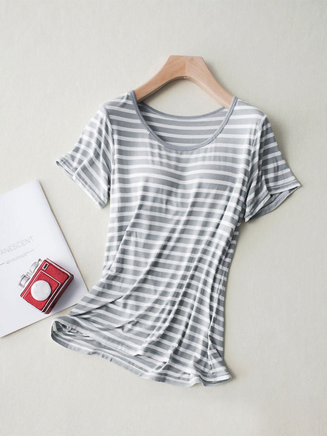 Striped Round Neck Short Sleeve T-Shirt with Bra - Clothes For Her Online Store
