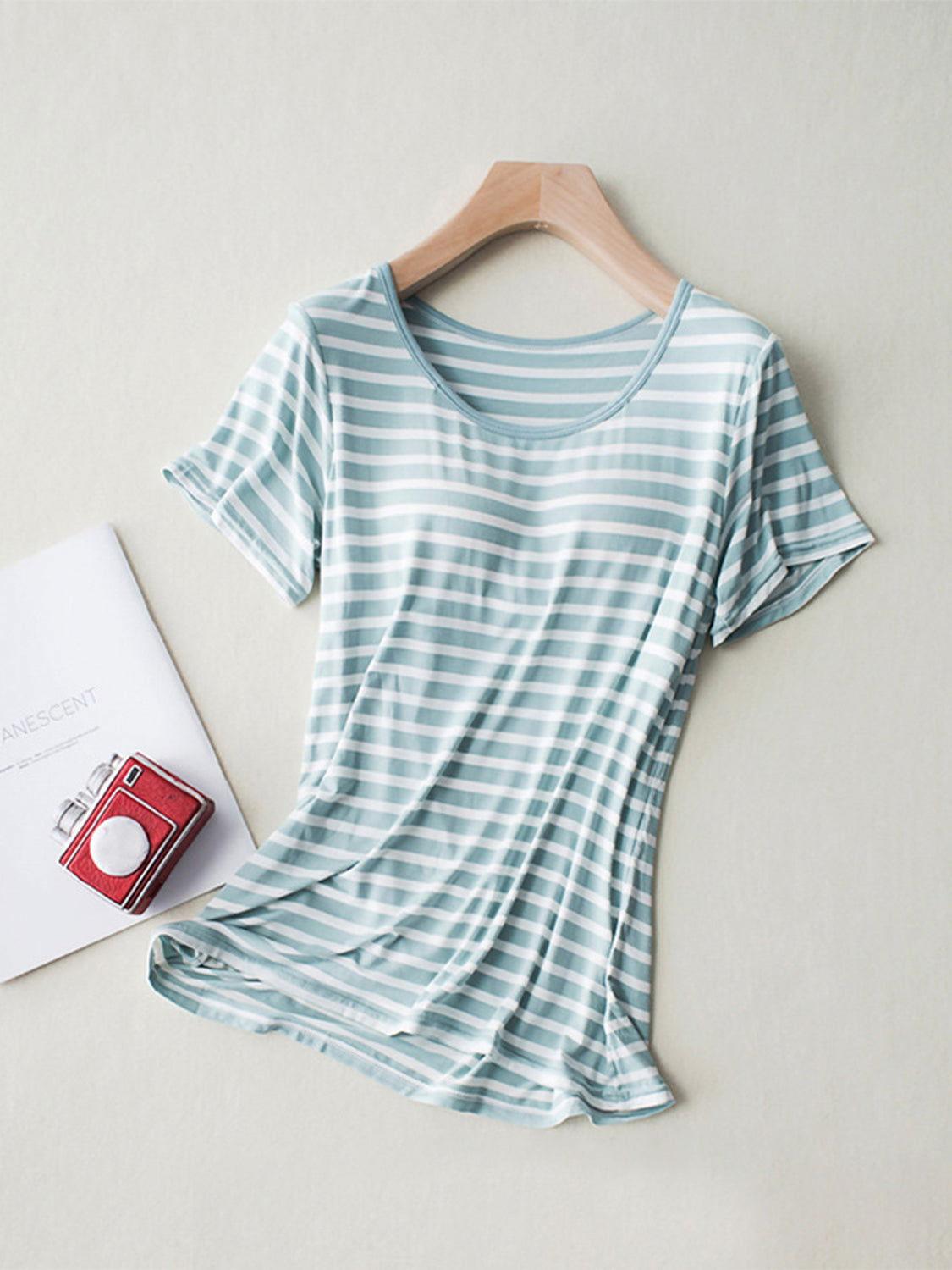 Striped Round Neck Short Sleeve T-Shirt with Bra - Clothes For Her Online Store