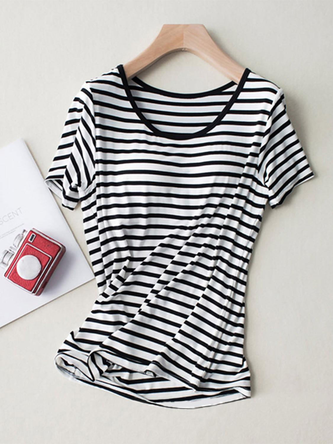 Striped Round Neck Short Sleeve T-Shirt with Bra - Clothes For Her Online Store
