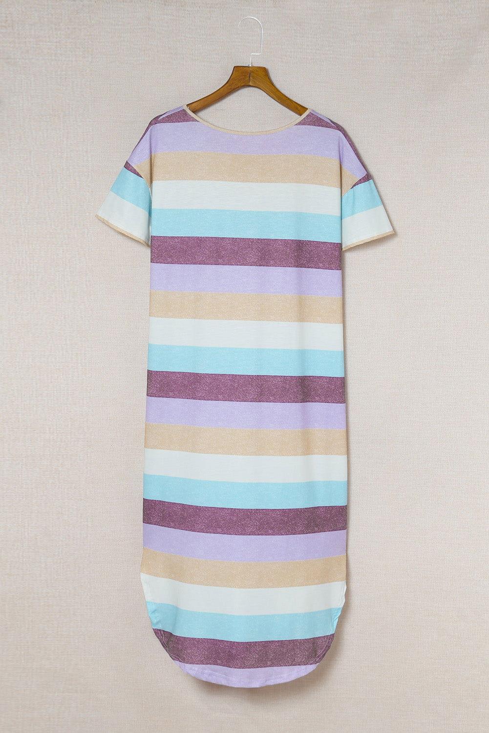 Striped V-Neck Curved Hem Midi Dress