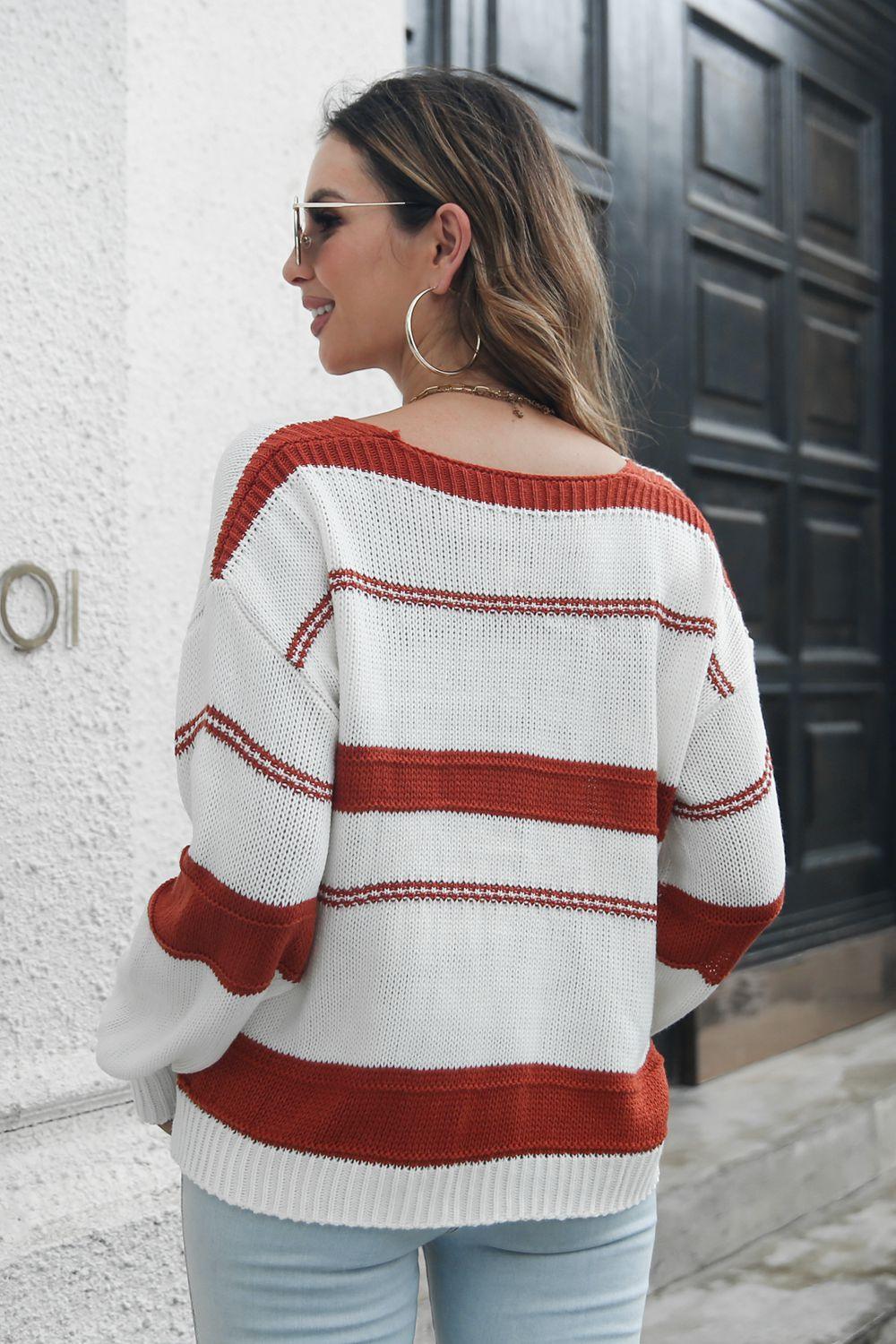 Striped V-Neck Drop Shoulder Sweater - Clothes For Her Online Store