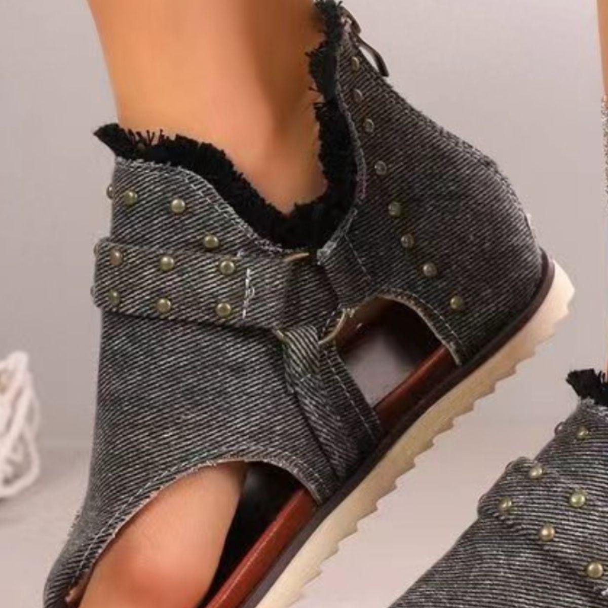 Studded Raw Hem Flat Sandals - Clothes For Her Online Store