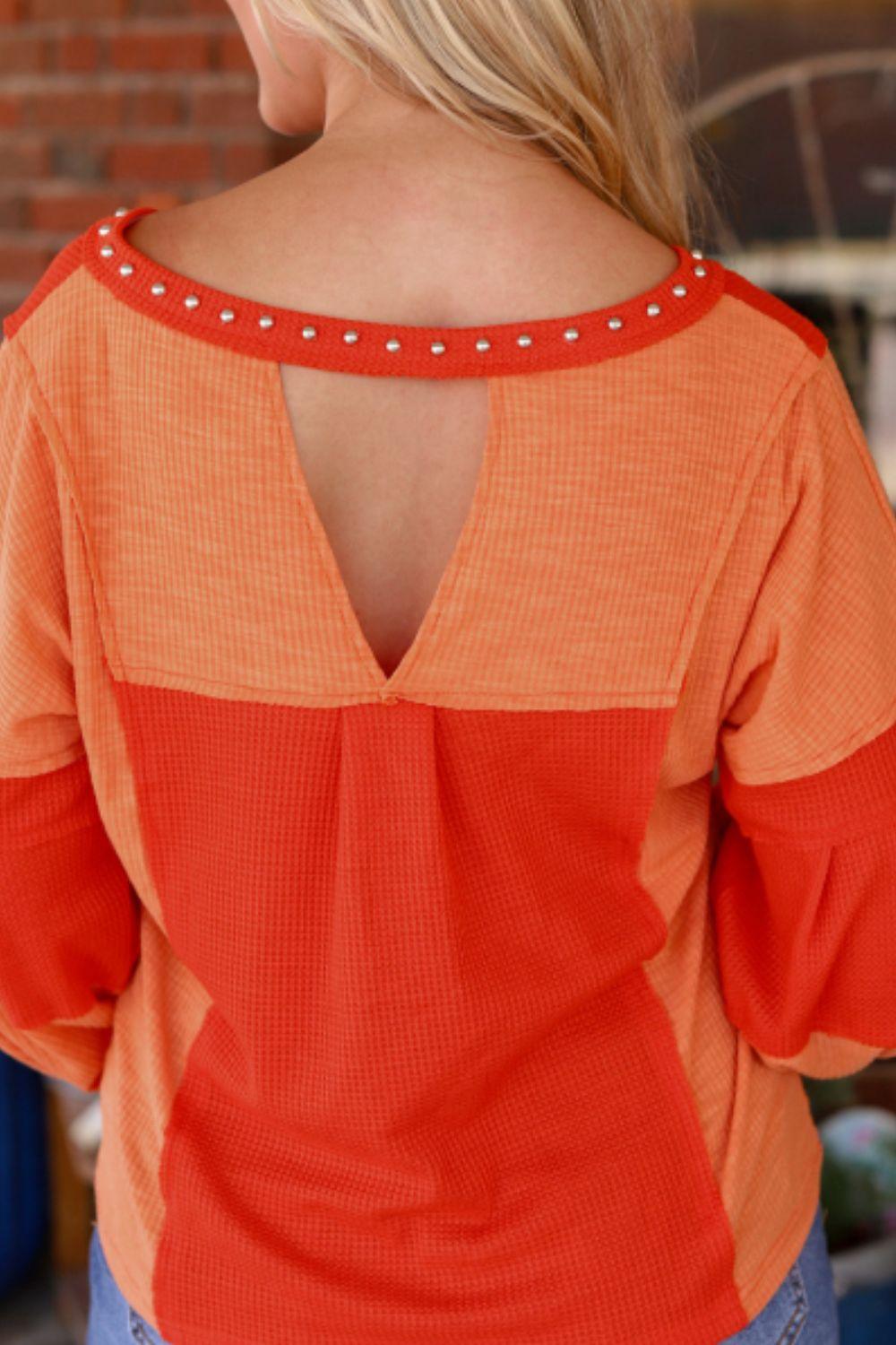 Studded Waffle-Knit V-Neck Long Sleeve Top - Clothes For Her Online Store