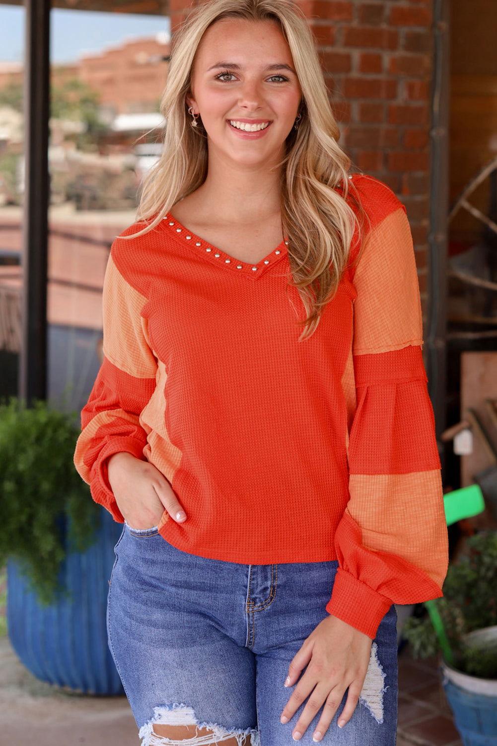 Studded Waffle-Knit V-Neck Long Sleeve Top - Clothes For Her Online Store