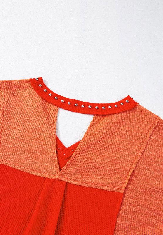 Studded Waffle-Knit V-Neck Long Sleeve Top - Clothes For Her Online Store